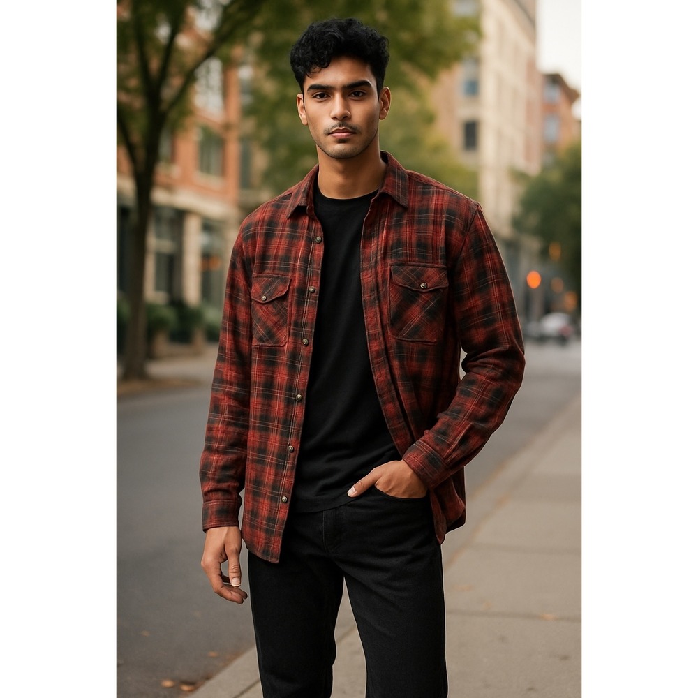 Jeremiah Mens‎ Plaid Flannel Shirt Button Up Long Sleeve Red Brown Large